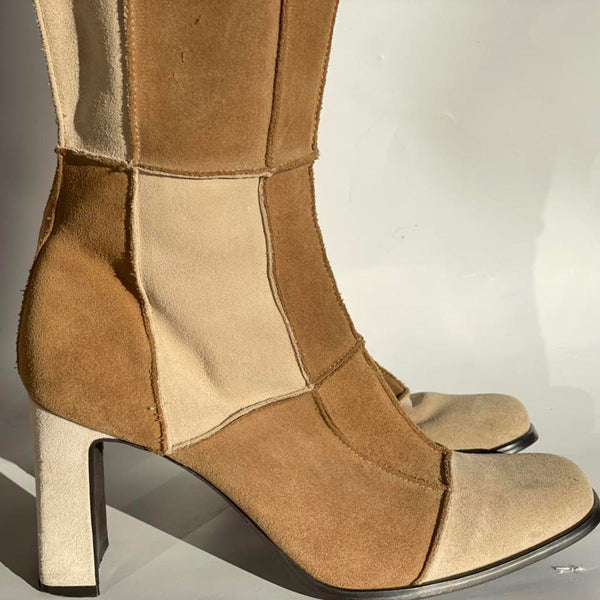 Beautiful Stunning Rare-fined Y2K Vintage 100% leather Suede and Leather Linen Patch Work Color-block Nude Caramel Boots By Prima (8)  It’s soo cute!! Vintage but untouched       #y2k #patchedwork #vintageprima #vintageboots #vintagecolor-blockboot