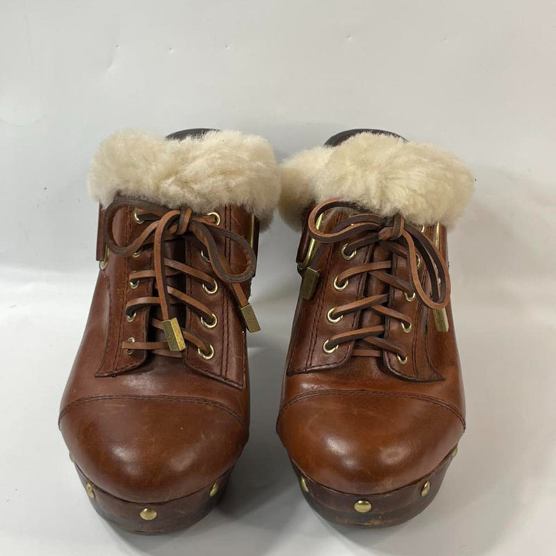 Beautiful Stunning Y2k Vtg Brown Leather upper Chunky Platform Fur Lace-up Mules Slide Sandals by Vince Camuto. (S8.5)