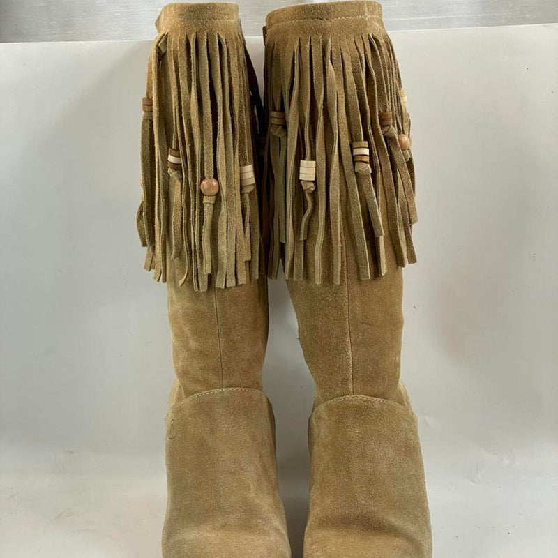 Stunning Beautiful 90s Leather Suede Fringed Beated Brown Boots!