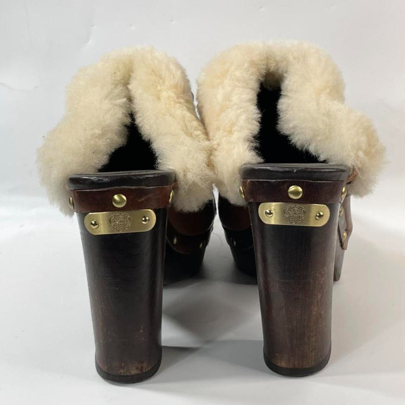 Beautiful Stunning Y2k Vtg Brown Leather upper Chunky Platform Fur Lace-up Mules Slide Sandals by Vince Camuto. (S8.5)