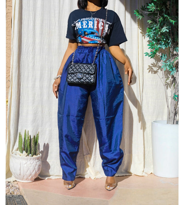 Vintage Oversized Blue Winter Joggers Shimmering Pants