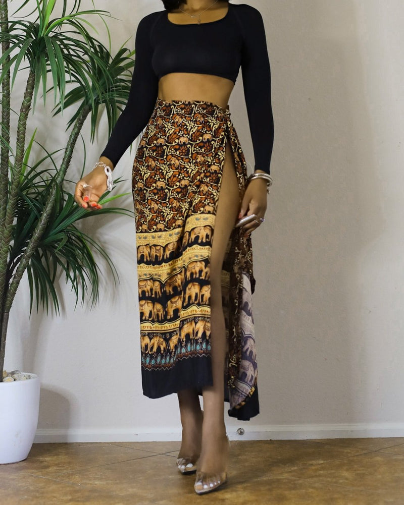 Vintage Morrocan Elephant-Print Wrap Skirt (S-M)