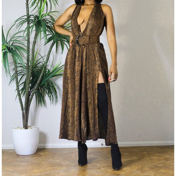 Vintage Reworked Leopard Animal-print Belted Split Maxi Dress ( S-M)