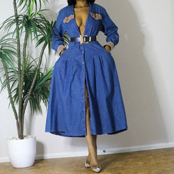 Vintage Coldwater Creek 100%Cotton Button-up Maxi Denim Dress With Brown Vetvet hands and Colars ( S-L)