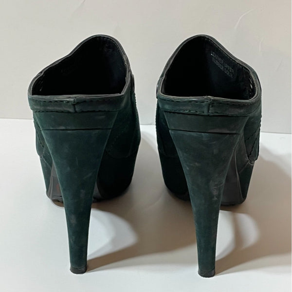 Stunning 90s Vintage Italian Made Vera Wang Dark Green Mules Platform Heels