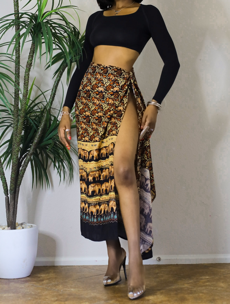 Vintage Morrocan Elephant-Print Wrap Skirt (S-M)