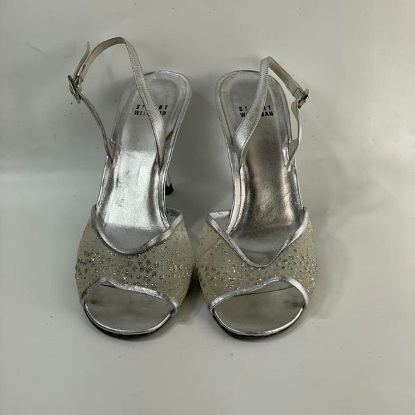 Beautiful 90s Vintage Silver Crystal Blinking Designers (ds) Stuart Wietzman Heels Sandals.