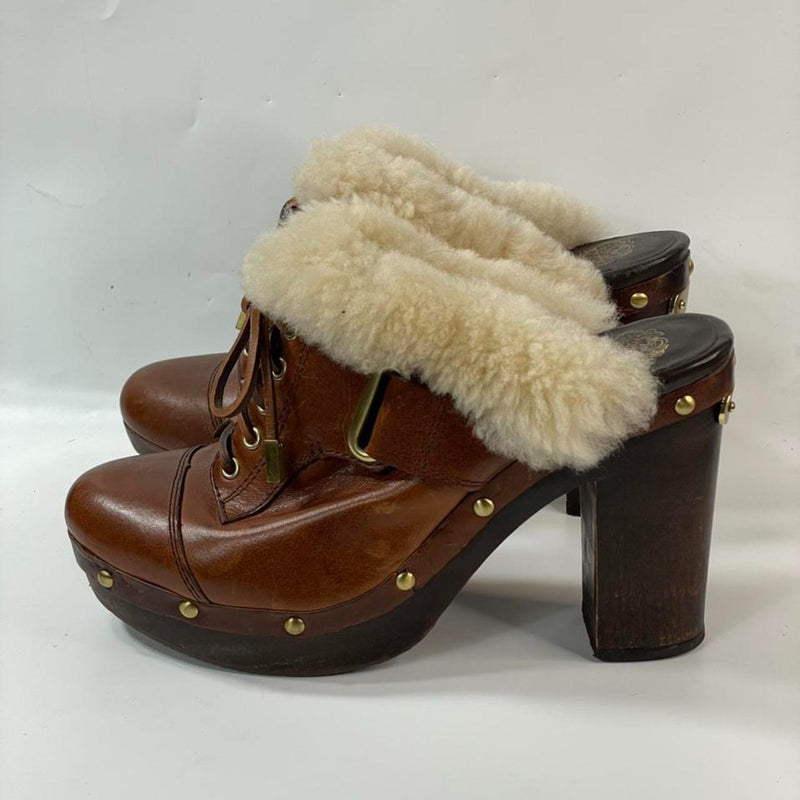 Beautiful Stunning Y2k Vtg Brown Leather upper Chunky Platform Fur Lace-up Mules Slide Sandals by Vince Camuto. (S8.5)