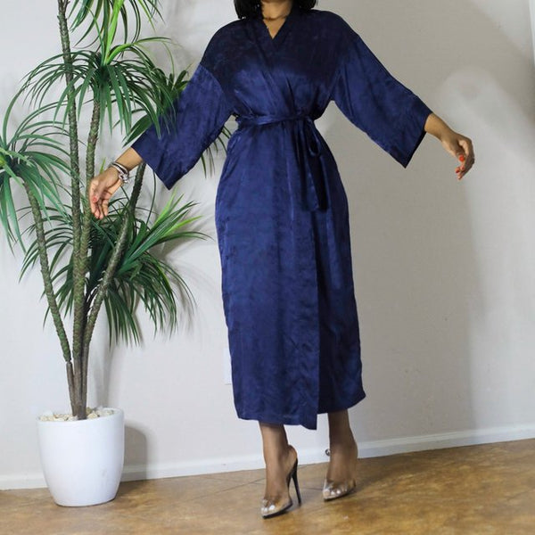 Vintage 100%Silk Flawless August Silk Blue- Black Maxi Belted Duster.( One Size)