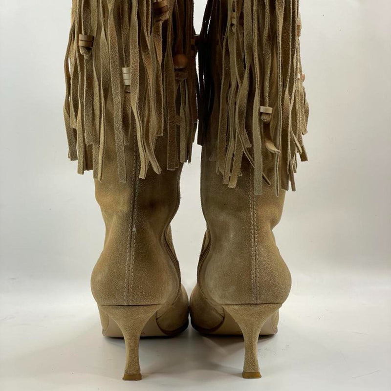 Stunning Beautiful 90s Leather Suede Fringed Beated Brown Boots!