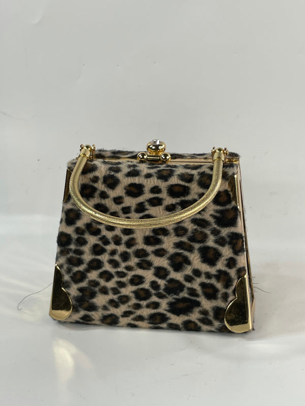 Vintage Cheetah Print Velour And Gold Metals Micro Cocktail Purse HandBag