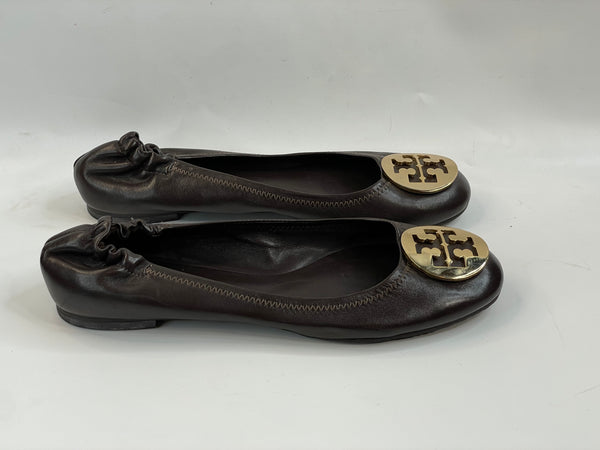 Cute Beautiful Tory Burch 100% Leather Designer(DS) Chocolate Flats With A Gold Metal Logo (9)