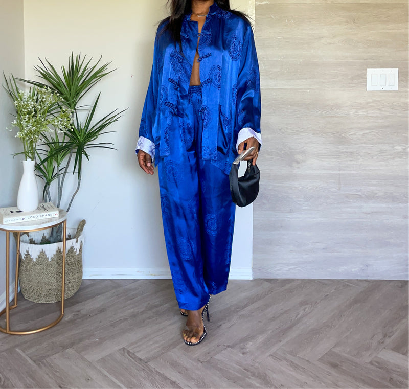 Super Stunning 90s Dead-stock Korean RoyalBlue Logo Printed Loungewear 2 PC Drawstring Pant Set (L)