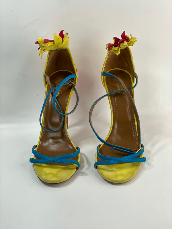 Cute Gorgeous Aquazzura Designers Color-Block Pineapple Suede Leather Sandals Pumps Heels (40.5)