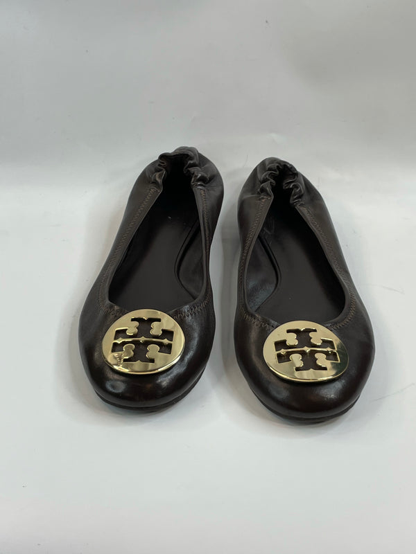 Cute Beautiful Tory Burch 100% Leather Designer(DS) Chocolate Flats With A Gold Metal Logo (9)