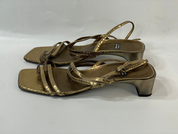 BeautifulStuart Wietzman Metallic Gold Shiny Designer (DS) Leather Vintage Sandals Pumps (8.5)