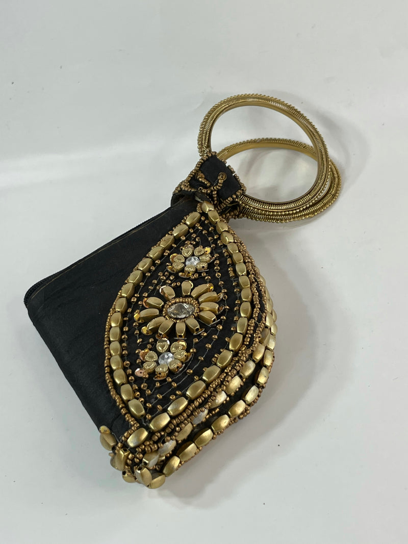 Vintage Noir And Gold Metals Embroidered Micro Cocktail Purse Handbag