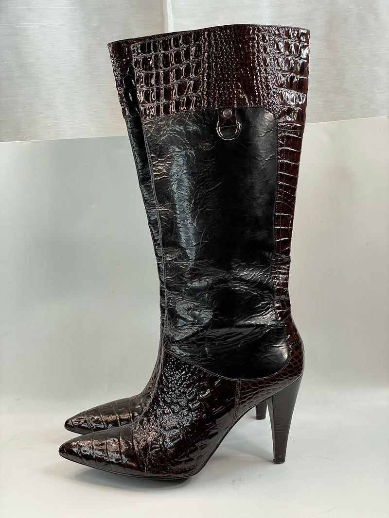 Beautiful Vintage Croc Leather Noir/Chocolate Kitten Heels Boots (9.5)