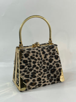 Vintage Cheetah Print Velour And Gold Metals Micro Cocktail Purse HandBag