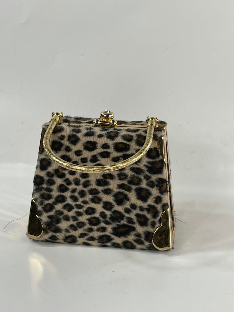 Vintage Cheetah Print Velour And Gold Metals Micro Cocktail Purse HandBag