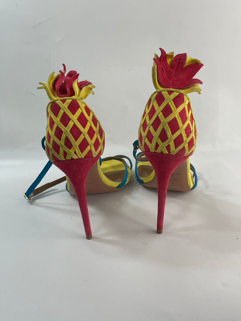 Beautiful stunning Popular Designer (DS) color-block Aquezzura Pineapple 100% leather Sandals Heels (40.5)