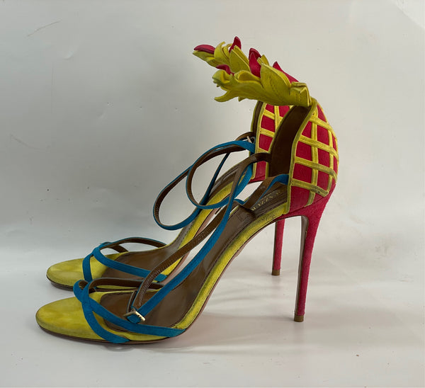 Beautiful stunning Popular Designer (DS) color-block Aquezzura Pineapple 100% leather Sandals Heels (40.5)