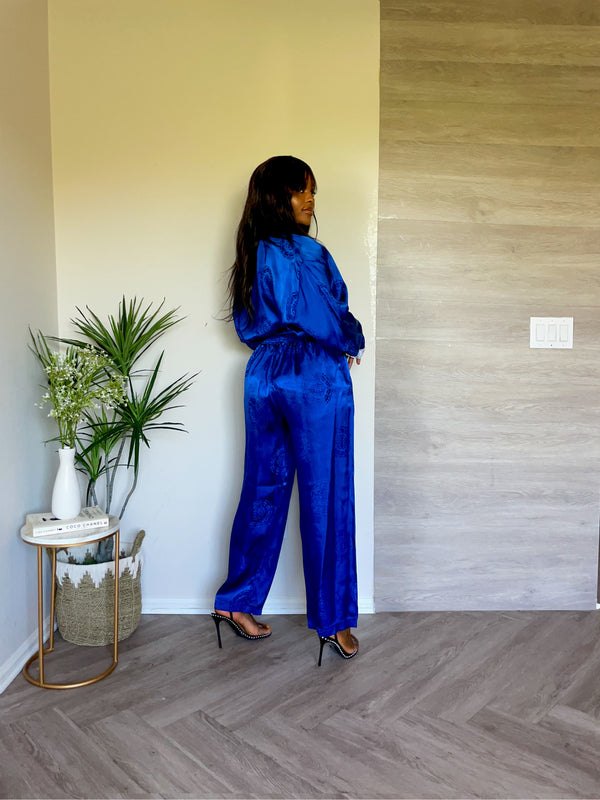 Super Stunning 90s Dead-stock Korean RoyalBlue Logo Printed Loungewear 2 PC Drawstring Pant Set (L)