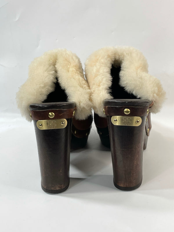 Beautiful Stunning Leather Fur Vintage Y2K Platform Chunky Mules Pumps Heels (8.5)