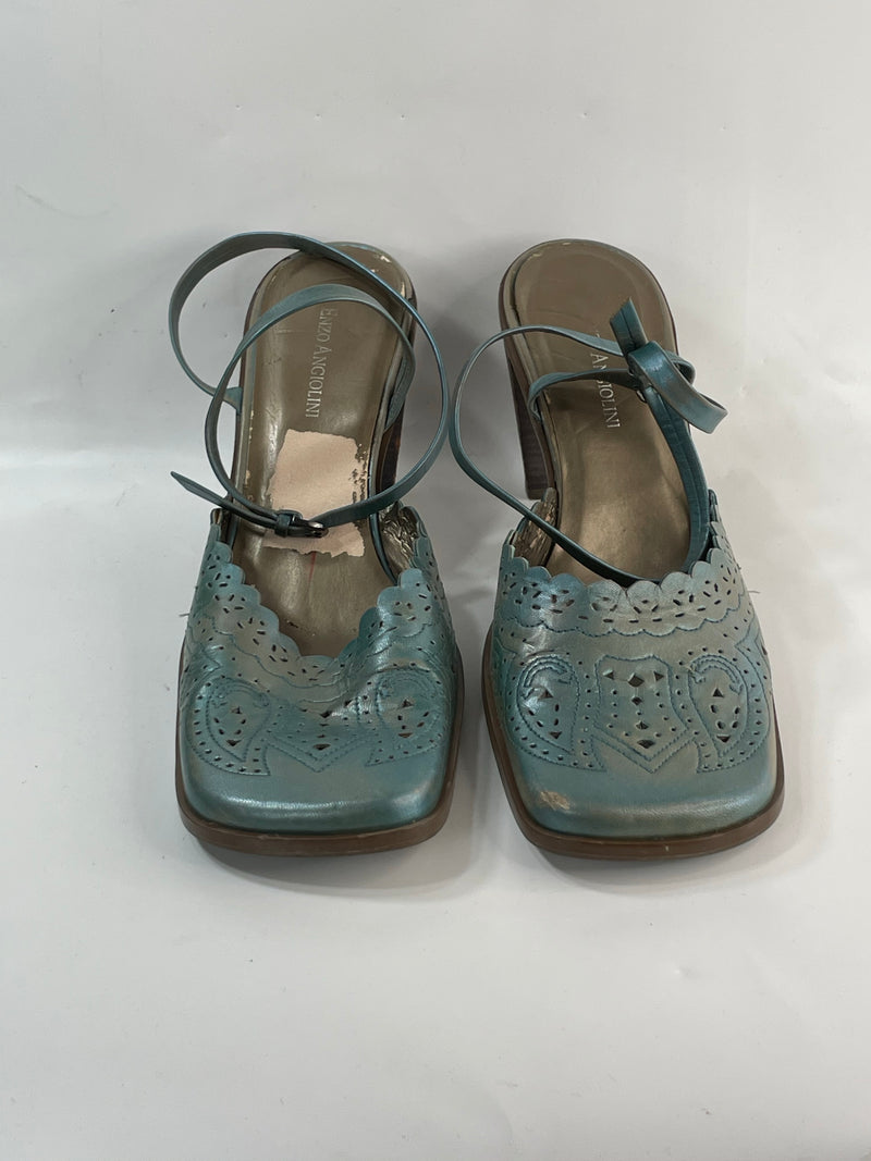 Stunning Beautiful Vintage Sky-blue Enzo Angioloni Leather Heels Sandals (10)