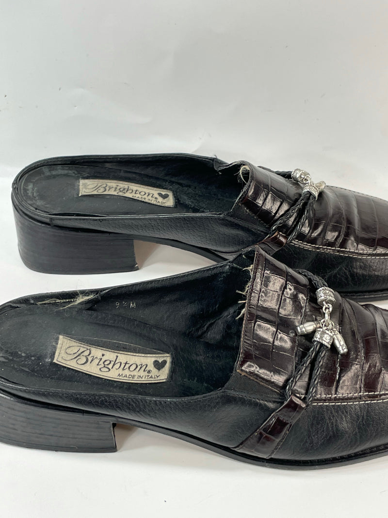 Beautiful Stunning Brighton Designers Leather Vintage Black/Chocolate Mules (9.5)