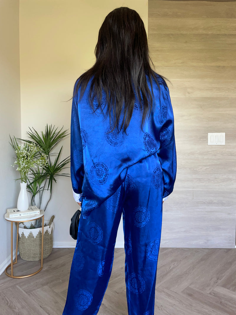 Super Stunning 90s Dead-stock Korean RoyalBlue Logo Printed Loungewear 2 PC Drawstring Pant Set (L)