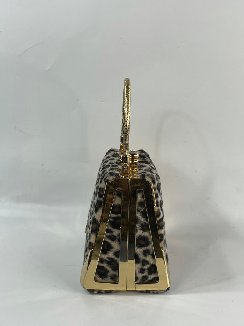 Vintage Cheetah Print Velour And Gold Metals Micro Cocktail Purse HandBag