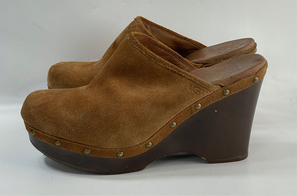 Stunning Beautiful Vintage Designer(DS) Leather and Genuine Sheepskin Suede Brown Carame Chunky Platform Wedges Slides by Uggs (41)