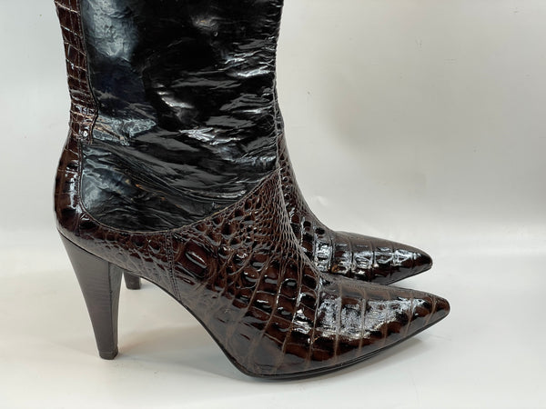 Beautiful Vintage Croc Leather Noir/Chocolate Kitten Heels Boots (9.5)