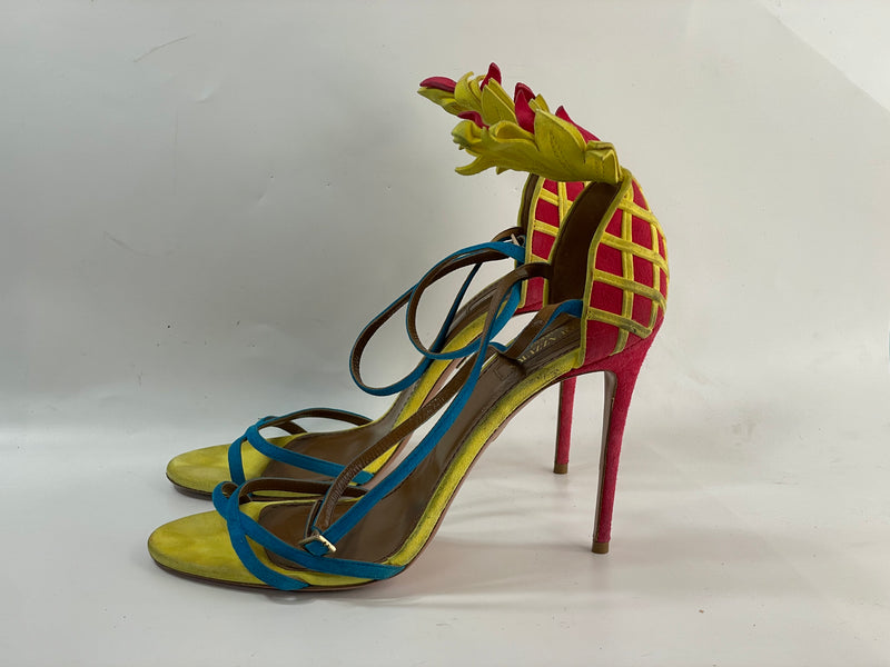 Cute Gorgeous Aquazzura Designers Color-Block Pineapple Suede Leather Sandals Pumps Heels (40.5)