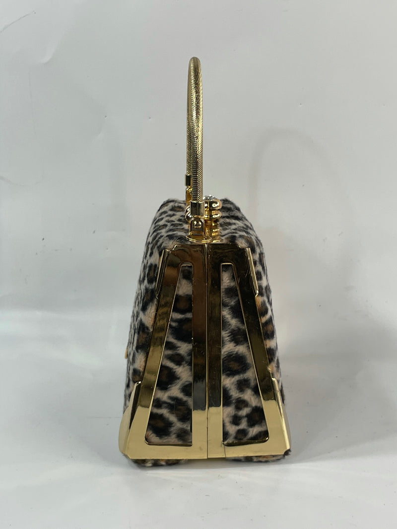 Vintage Cheetah Print Velour And Gold Metals Micro Cocktail Purse HandBag